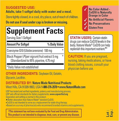 Nature Made CoQ10 100mg with Black Pepper Extract for Enhanced Nutrient Absorption, Dietary Supplement for Heart Health Support, 30 Softgels, 30 Day Supply