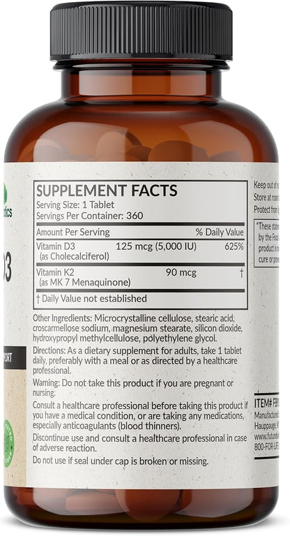Futurebiotics Vitamin K2 with D3, 2 in 1 Support, 5000 IU Vitamin D3 & 90 mcg Vitamin K2 MK-7 Non-GMO, 360 Tablets
