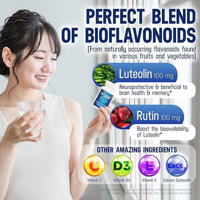 Lutimax Luteolin Complex w/Rutin - Immune Support Brain Supplements - Bioflavonoids w/Vitamin C, D & E for Joint, Muscle, & Dietary Issues - Antioxidants Supplement w/Immune Support - 120 Tablets