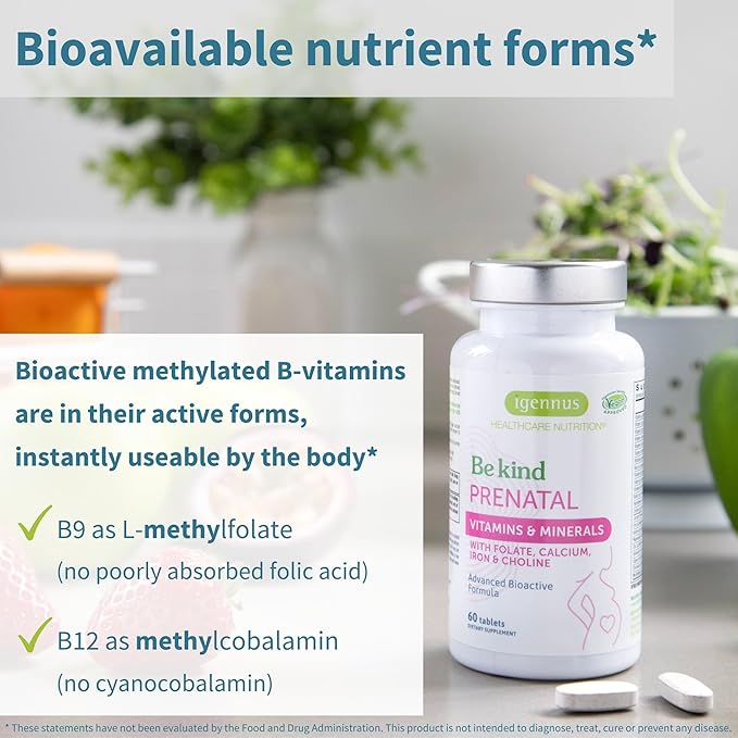 Igennus Methylated Prenatal Multivitamin for Women, Folate for MTHFR, High Absorption, Clean Label, Gentle Iron, Choline, Calcium & Magnesium, Vegan Pregnancy Vitamins, Halal, Non-GMO, 60 Tablets x6