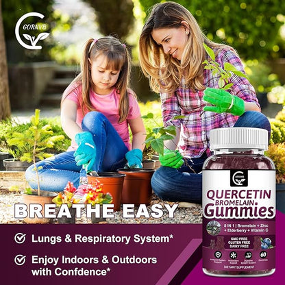 Quercetin Gummies with Bromelain 2378mg - Blend with Elderberry, Echinacea Purpurea Extract, Zinc, Vitamin C,D3,K2, Complex Supports Immune, Cardiovascular & Respiratory, Vegan Gummy for Adult & Kid