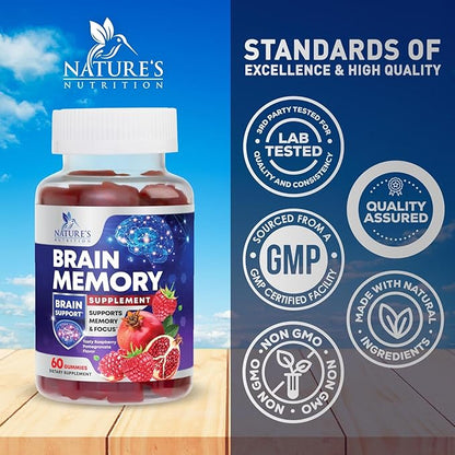 Brain Supplement Gummies for Concentration Memory & Focus Support - Brain Clarity Health with B6 B12, Phosphatidylserine, Coffee Extract, Nootropics Cognitive Vitamins for Adults - 60 Vegan Gummies