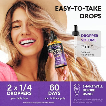 Liquid Biotin & Collagen - Vitamins for Hair Growth Support for Women & Men - Extra Strength 60000 mcg Drops - B7 Supplement - Strong Nails & Healthy Skin - 98% Faster Absorption Than Pills
