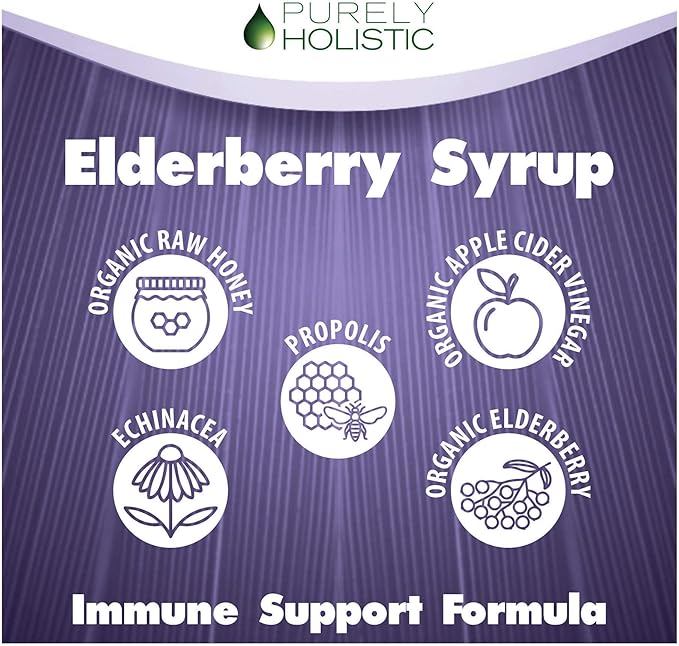 Purely Holistic Vitamin C 1000mg + Organic Elderberry Syrup Bundle - 365 Vegan Capsules + 16 fl oz - with Rosehip, Acerola Cherry, Propolis Echinacea & More - Made in USA