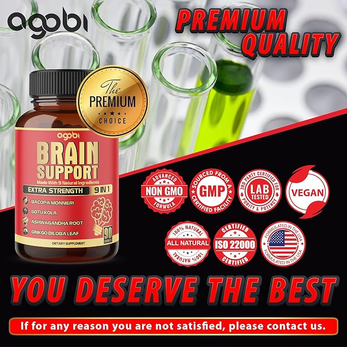 9in1 Brain Support Supplement - Concentrated Ashwagandha Root, Gotu Kola Powder, Bacopa Monnieri Powder and More - 90 Capsules - 3-Month Supply