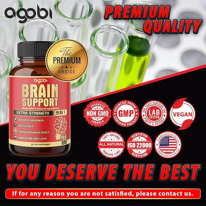9in1 Brain Support Supplement - Concentrated Ashwagandha Root, Gotu Kola Powder, Bacopa Monnieri Powder and More - 90 Capsules - 3-Month Supply