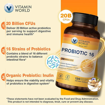 Vitamin World Probiotic 16, 20 Billion CFU, 16 Strains with Prebiotic Fiber for Digestive & Immune Health, Probiotics for Women & Men, Non-GMO, Gluten Free, 120 Veggie Capsules, 60 Day Supply