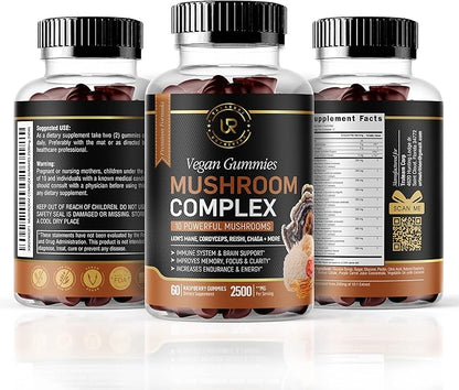 Mushroom Gummies | 10 Mushroom Supplement | 2 pack | Turkey Tail, Chaga, Reishi, Cordyceps & Lions Mane Organic Mushroom Extracts, Nootropic Brain Booster for Focus, Memory, Clarity, Energy | 120ct