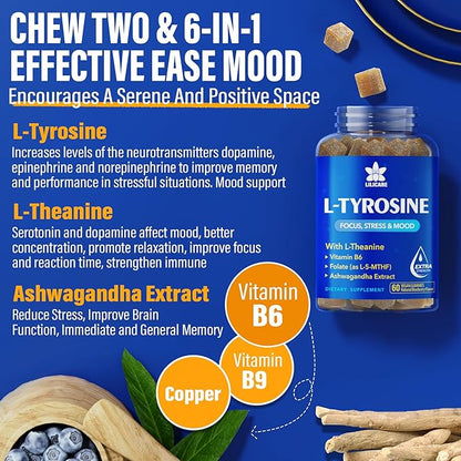 L Tyrosine Gummies 1100mg Mood Support Blend, with Ashwagandha, L-Theanine, Vitamin B Complex B6, Folate(Vitamin B9), Focus & Memory, Cognition & Brain Function, Energy Boost,Stress Support, 2Pc/120ct