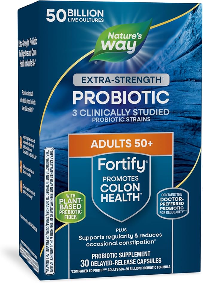Nature’s Way Fortify Extra Strength(1) Probiotic Age 50+, 50 Billion Live Cultures, 11 Strains, Prebiotics, Digestive Health*, Immune Support*, Colon Health*, 30 Capsules