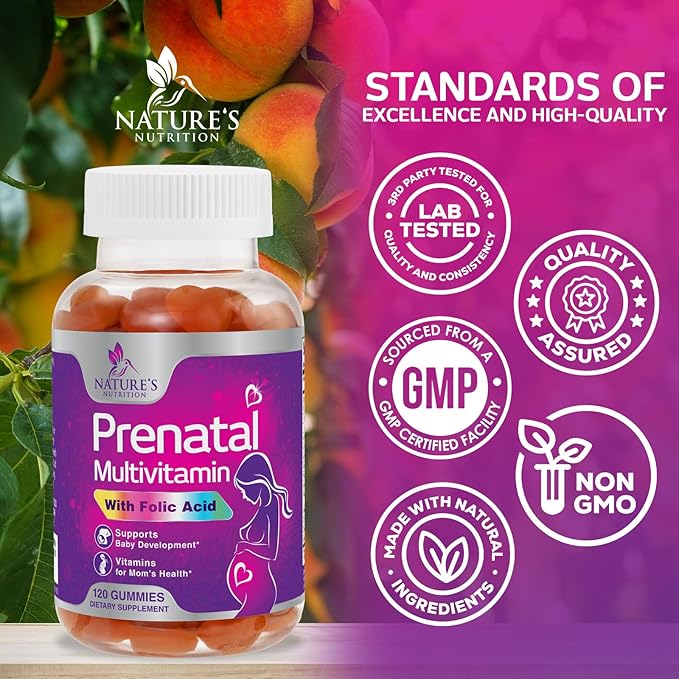 Prenatal Gummy with Folic Acid, Prenatal Vitamins and Minerals for Fetal Support, Vitamin A, C, D3, B12, B6 & Folate, Prenatal Multivitamin for Pregnant & Nursing Women - 120 Gummies, 60 Day Supply