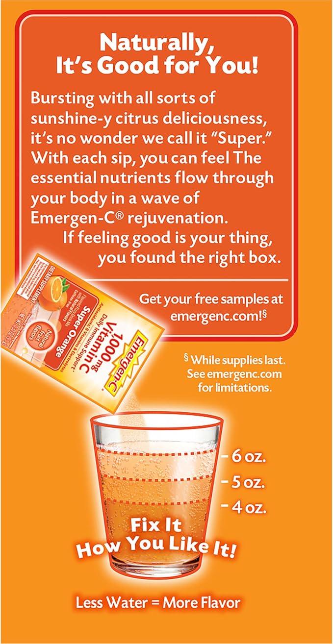 Emergen-C 1000mg Vitamin C Powder for Daily Immune Support Caffeine Free Vitamin C Supplements with Zinc and Manganese, B Vitamins and Electrolytes, Super Orange Flavor - 10 Count