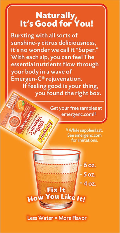 Emergen-C 1000mg Vitamin C Powder for Daily Immune Support Caffeine Free Vitamin C Supplements with Zinc and Manganese, B Vitamins and Electrolytes, Super Orange Flavor - 10 Count