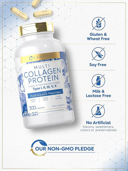Carlyle Multi Collagen Protein Capsules 2000mg | 300 Count | Type I, II, III, V, X | Collagen Peptide Pills | Keto & Paleo Friendly, Gluten Free, Non-GMO Supplement