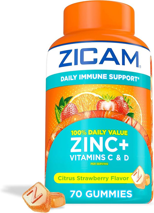 Zicam Daily Immune Support, Gummy Supplement, Zinc, Vitamin C and Vitamin D, Citrus Strawberry Flavor, 70 Count