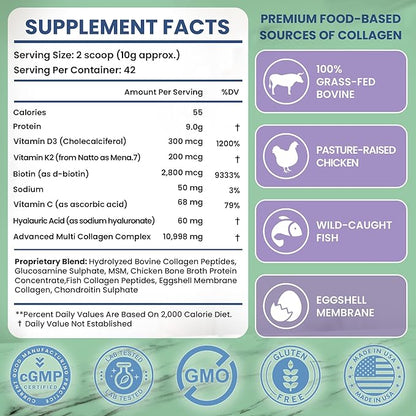 8in1 Advanced Multi Collagen Peptides, 16 Oz - Hydrolyzed Protein | Type I, II, III, V, X with Vitamin D3 & K2, Hyaluronic Acid, Biotin, Vitamin C, MSM, Glucosamine Sulphate & Chondroitin - Unflavored