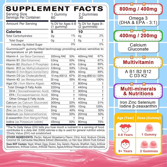 Omega 3 Gummies (EPA/DHA) for Kids 4+, Kids Multivitamin A B1 B2 B12 C D3 K2, Calcium, Iron, Zinc, Selenium, lodine for Brain Cognition, Eye, Bone, Energy, Immune, No Fish Taste, Sugar Free
