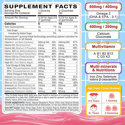 Omega 3 Gummies (EPA/DHA) for Kids 4+, Kids Multivitamin A B1 B2 B12 C D3 K2, Calcium, Iron, Zinc, Selenium, lodine for Brain Cognition, Eye, Bone, Energy, Immune, No Fish Taste, Sugar Free