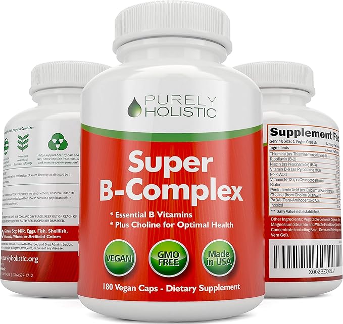 Vitamin B Complex - 8 Super B Complex Vitamins with Choline & Inositol, Vitamins B1, B2, B3, B5, B6, B8, B9 & B12 - B100 Complex - 180 Vegan Capsules - 6 Month Supply - Made in The USA
