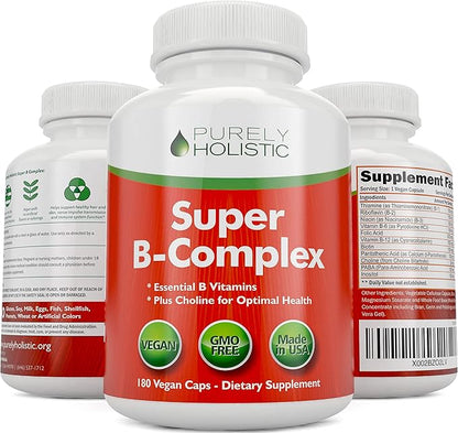 Vitamin B Complex - 8 Super B Complex Vitamins with Choline & Inositol, Vitamins B1, B2, B3, B5, B6, B8, B9 & B12 - B100 Complex - 180 Vegan Capsules - 6 Month Supply - Made in The USA