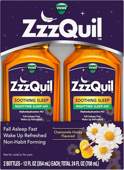 ZzzQuil Liquid Sleep Aid, Soothing Sleep, Diphenhydramine 50mg HCl, Chamomile Honey Flavored, Nighttime Sleep Aid Liquid, Sleep Aids for Adults, 2 Pack, 24 FL OZ