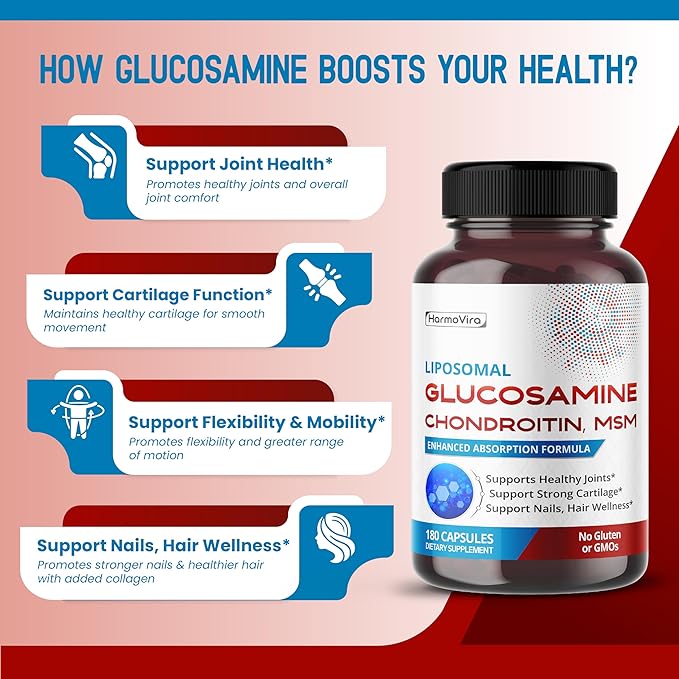 Liposomal GLUCOSAMINE CHONDROITIN, MSM - Support Healthy Joints, Strong Cartilage, Nails, Hair - 180 Days Supply - Made in The USA