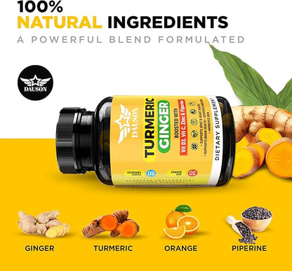 Turmeric Supplement with Ginger, Piperine, Vitamins & Zinc | High Bioavailability Joint Support | Gut, Heart, Brain & Skin Health | Curcumin Immune Booster | 60 Capsules