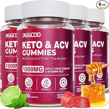(4 Pack) Keto ACV Gummies Extreme 1500MG Keto Gummies Apple Cider Vinegar Formulated with Pomegranate Beet Juice Powder B12 Vegan Non GMO 240 Gummys