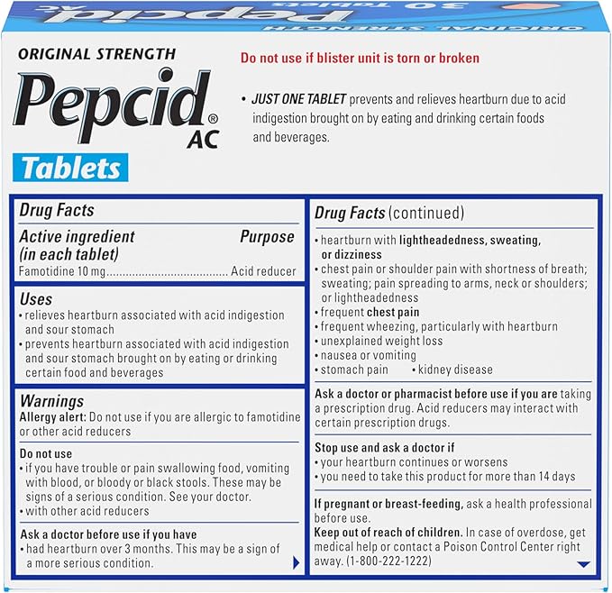 Pepcid AC Original Strength Heartburn Relief Tablets, OTC Medicine Prevents & Relieves Heartburn Due to Acid Indigestion & Sour Stomach, 10mg Famotidine Acid Reducer, Fast-Acting, 30 ct