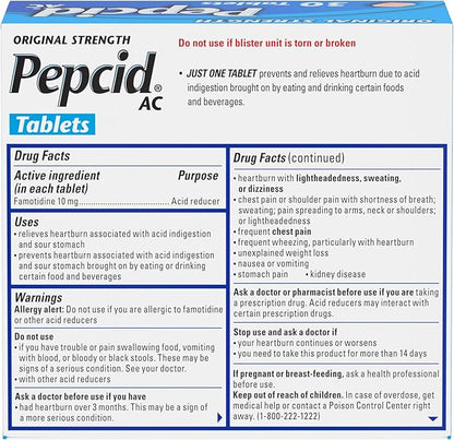Pepcid AC Original Strength Heartburn Relief Tablets, OTC Medicine Prevents & Relieves Heartburn Due to Acid Indigestion & Sour Stomach, 10mg Famotidine Acid Reducer, Fast-Acting, 30 ct