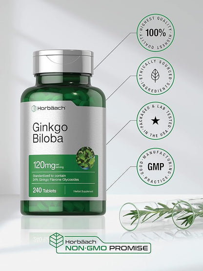 Horbäach Ginkgo Biloba Supplement | 120mg | 240 Tablets | Standardized Herbal Extract | Flavone Glycosides | Vegetarian, Non-GMO, and Gluten Free