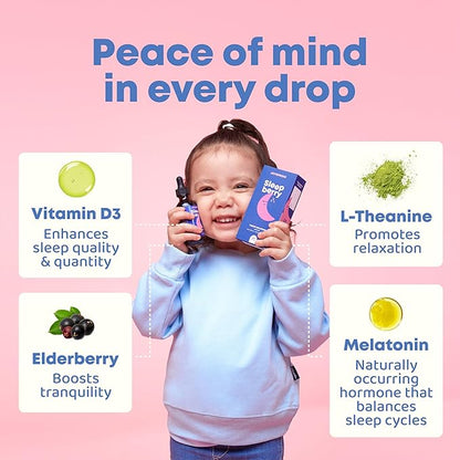 JoySpring Sleepberry Kids Melatonin 3 mg – Liquid Sleep Aid with L Theanine, High Absorption Berry Drops (2 fl oz) 60 Servings, Children's Melatonin with Vitamin D Kids Travel Essentials