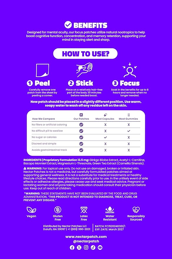 Focus Patch | with Bacopa Monnieri, Green Tea & Ginkgo Biloba | 10 Patches