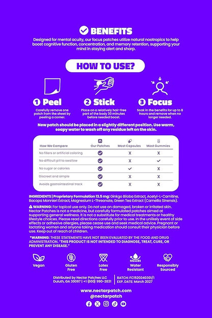 Focus Patch | with Bacopa Monnieri, Green Tea & Ginkgo Biloba | 10 Patches