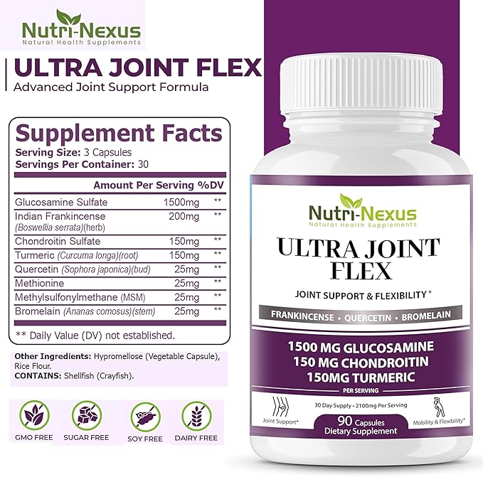Joint Support Supplement with Glucosamine Chondroitin MSM Turmeric Boswellia - for Men and Women - Promotes Mobility, Flexibility, and Comfort - Made in USA - 90 Capsules