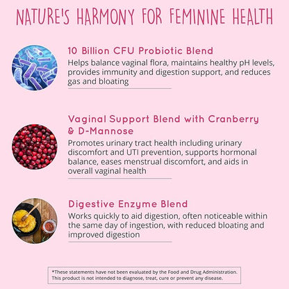 Vaginal Probiotics for Women - ph Balance for Women | Cranberry & D-Mannose | 10 Strains | BV, Yeast, Flora & Odor Control | Female Urinary Tract, Gut & Digestive Health Support Pills, 60 Ct