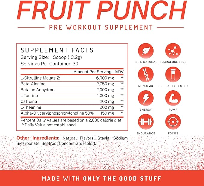 PWDRS Pre-Workout Powder, All Natural Pre Workout for Energy, Pump, Endurance & Strength, with Caffeine (Fruit Punch)