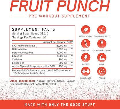 PWDRS Pre-Workout Powder, All Natural Pre Workout for Energy, Pump, Endurance & Strength, with Caffeine (Fruit Punch)