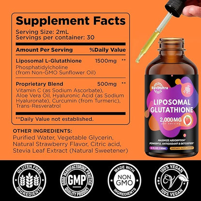 Liposomal Glutathione Supplement - 2000mg Glutathione Liquid Drops with Vitamin C, Curcumin & Trans-Resveratrol - Powerful Antioxidant for Immune, Skin Health & Liver Detox - Strawberry