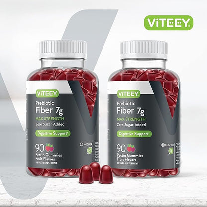 VITEEY Prebiotic Fiber Gummies for Adults, 7g - Zero Sugar Added - Fiber Supplement for Digestive Health Regularity & Natural Weight Support - Vegan, Gelatin Free - Chewable Fruit Flavored Gummy