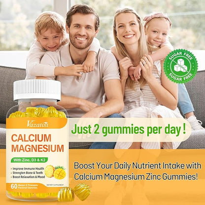 Calcium Magnesium Zinc Gummies with Vitamin D3 and K2, High Absorption Magnesium Glycinate Potassium for Immune and Calm Mood, Vegan Mango and Pineapple Flavor 60 Gummies