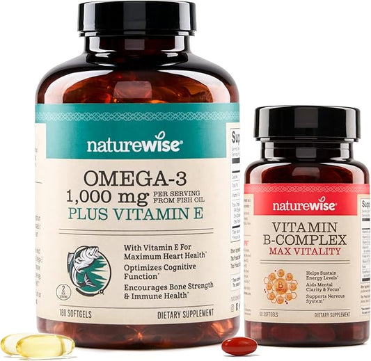 NatureWise 1000mg Omega 3 600mg EPA 400mg DHA with Vitamin E 180ct & Vitamin B Complex for Cellular Energy 60 Softgels[2-Month]