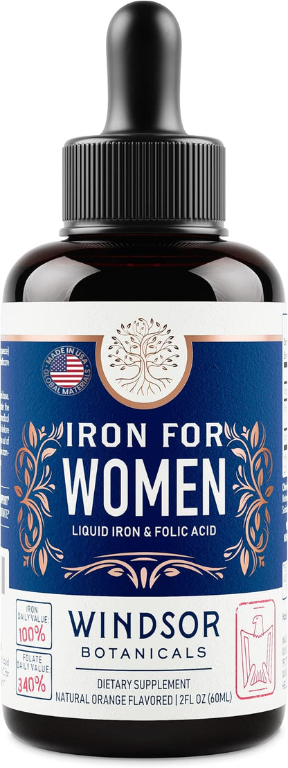 WINDSOR BOTANICALS Liquid Iron Supplements for Anemia - Folic Acid, Vitamin C, Vegan Blood Builder and Anemia Supplement - 2 oz Orange Flavor Gentle Iron Drops for Women
