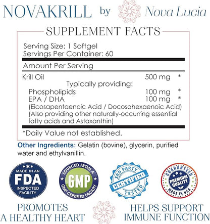 Natural Krill Oil Omega 3 6 9 Supplement, Burpless 60 Red Liquid Softgels, Rich in EPA, DHA, Astaxanthin, No Fishy Aftertaste, 1000mg per 2 Softgels