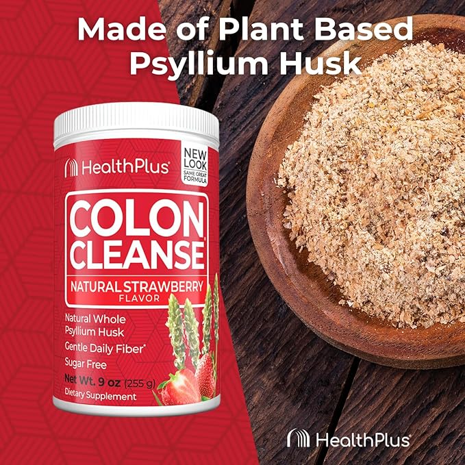 Health Plus Colon Cleanse Digestive Support | No Artificial Flavors | Daily Fiber for Toxin Elimination To Reduce Bloating | Psyllium Husk | Strawberry Flavor | 9 Ounces, 36 Servings