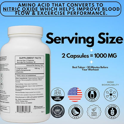 PRISTINE'S L Arginine Supplements for Men & Women - 1000mg Capsules 90 Day Supply Nitric Oxide & Pre Workout Amino Acid Support