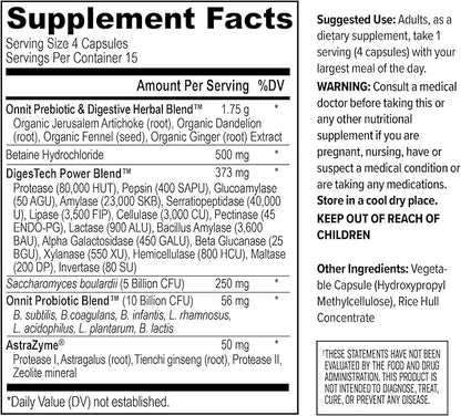 ONNIT Total Gut Health Daily Digestive Support, Complete Digestion Supplement for Women and Men with 7 Strains of Probiotics, Prebiotics, Enzymes and Betaine HCL, 60 Count