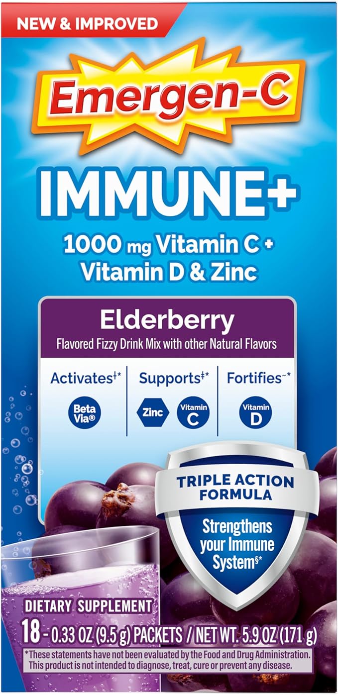 Emergen-C Immune+ Vitamin C 1000mg (18 Count, Elderberry) Dietary Supplement Fizzy Drink Mix Powder Packets