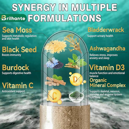 Irish sea moss capsules,organic sea moss supplement for energy and fatigue,seamoss black seed oil ashwagandha burdock root organic Mineral Complex for Gut health, skin, and joints - 150 Count