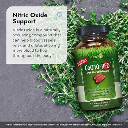 Irwin Naturals CoQ10-RED with Nitric Oxide Booster & MCTs - Advanced Heart Health Formula Supports Healthy Blood Flow & Energy Production - High Absorption Antioxidant Protection - 60 Liquid Softgels